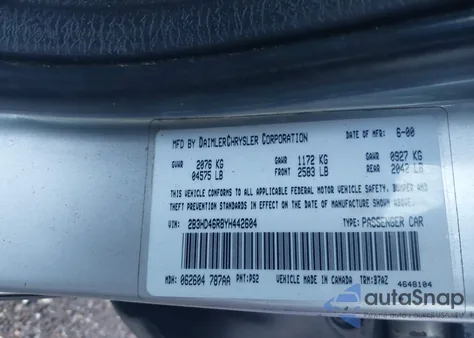 2000 Dodge Intrepid z USA, uszkodzony, nr VIN 2B3HD46R8YH442604